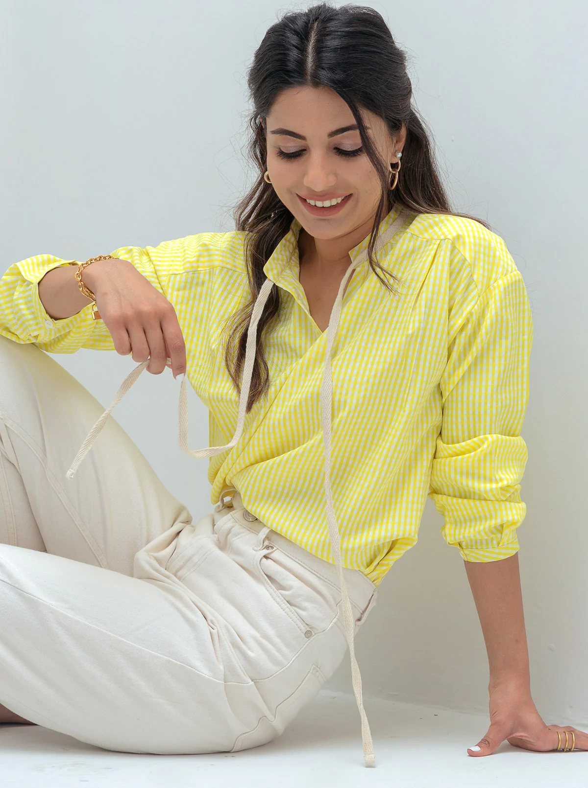 YELLOW CHECK NECK TIE BLOUSE - Image 2