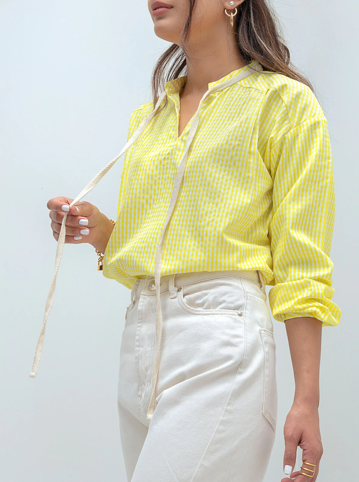 YELLOW CHECK NECK TIE BLOUSE - Image 4