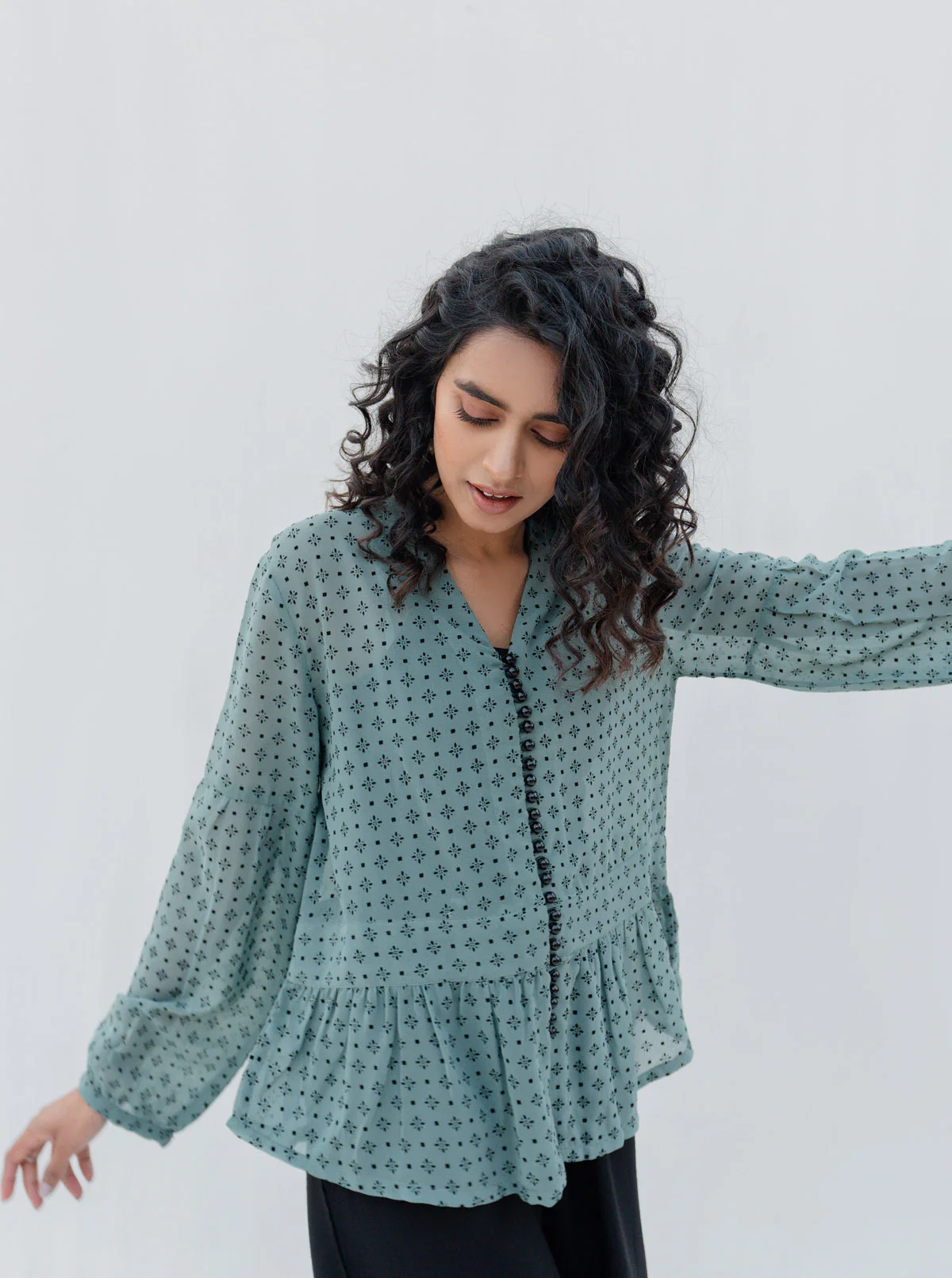 JADE GREEN PRINTED CHIFFON PEPLUM - Image 3