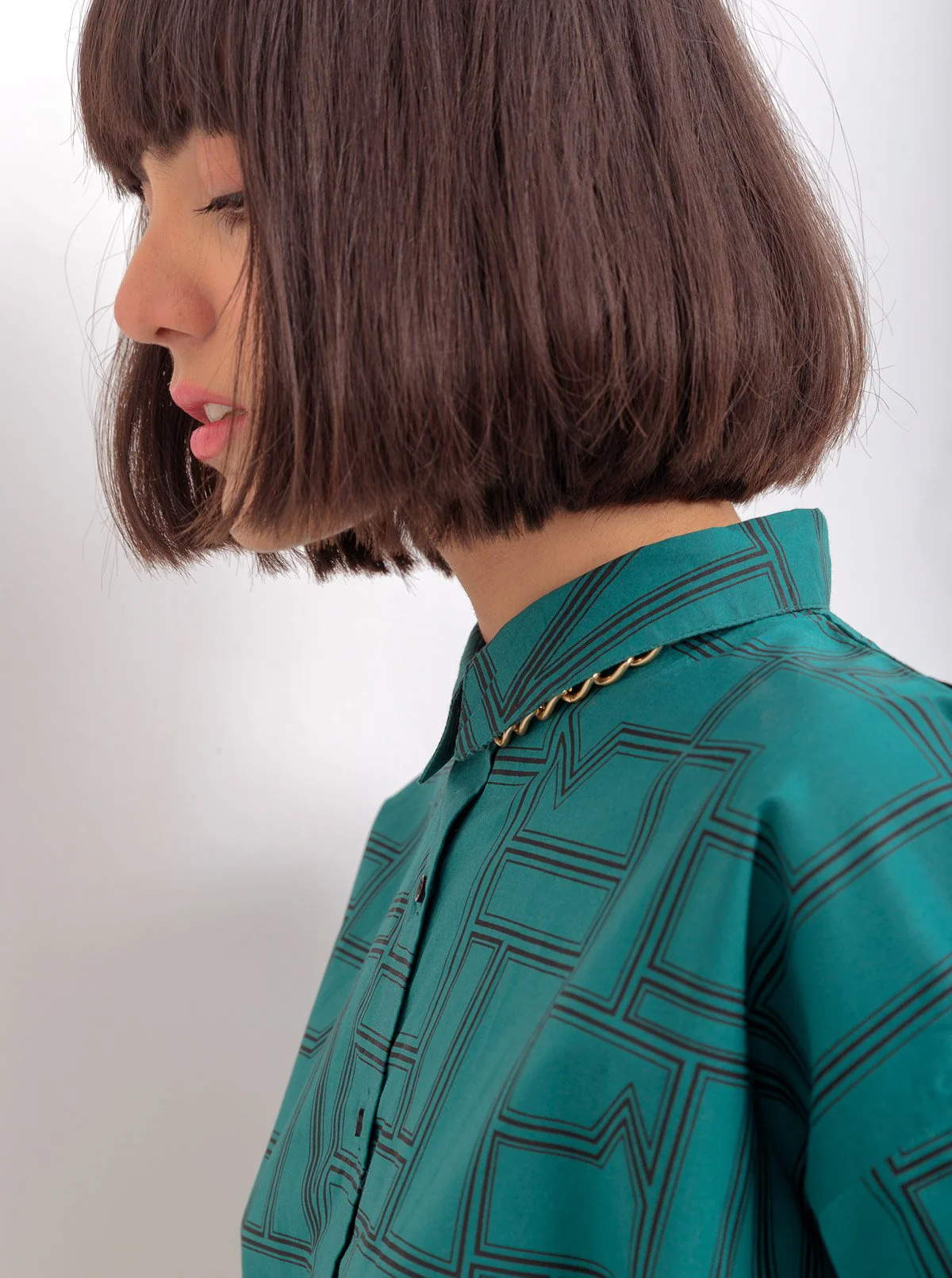 TEAL PRINTED FRONT BELT COLLAR SHIRT - Image 2