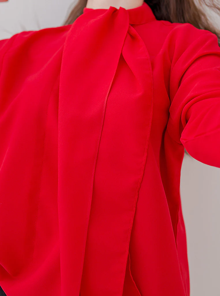 RED DRAPED NECK TIE BLOUSE - Image 2