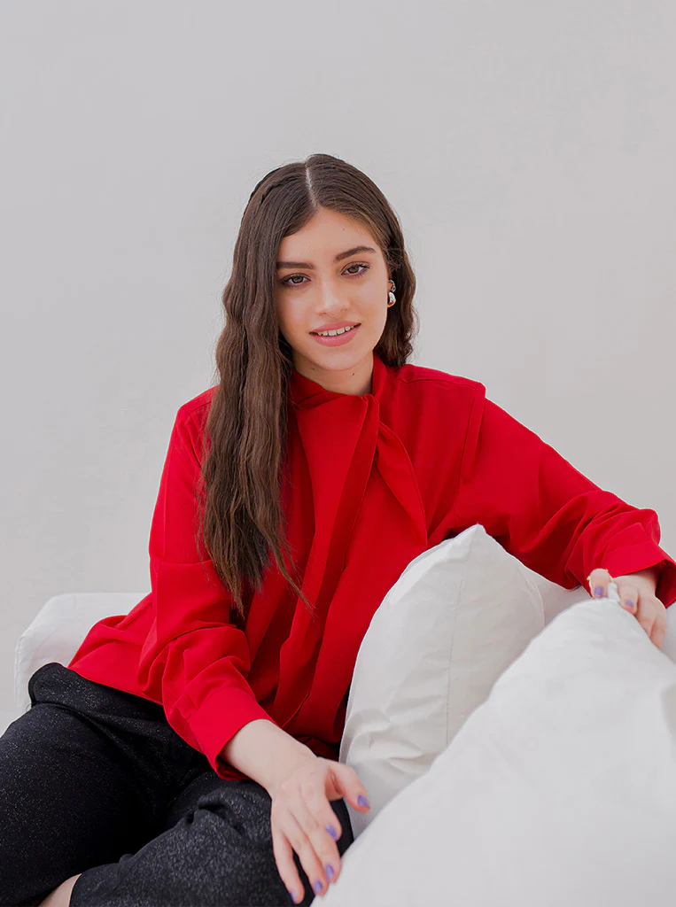 RED DRAPED NECK TIE BLOUSE - Image 3