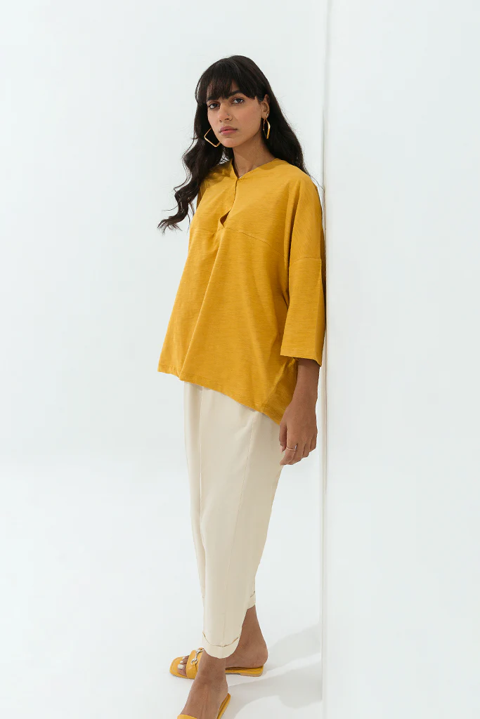 Mustard Slub Jersey Overlaped Top - Image 4