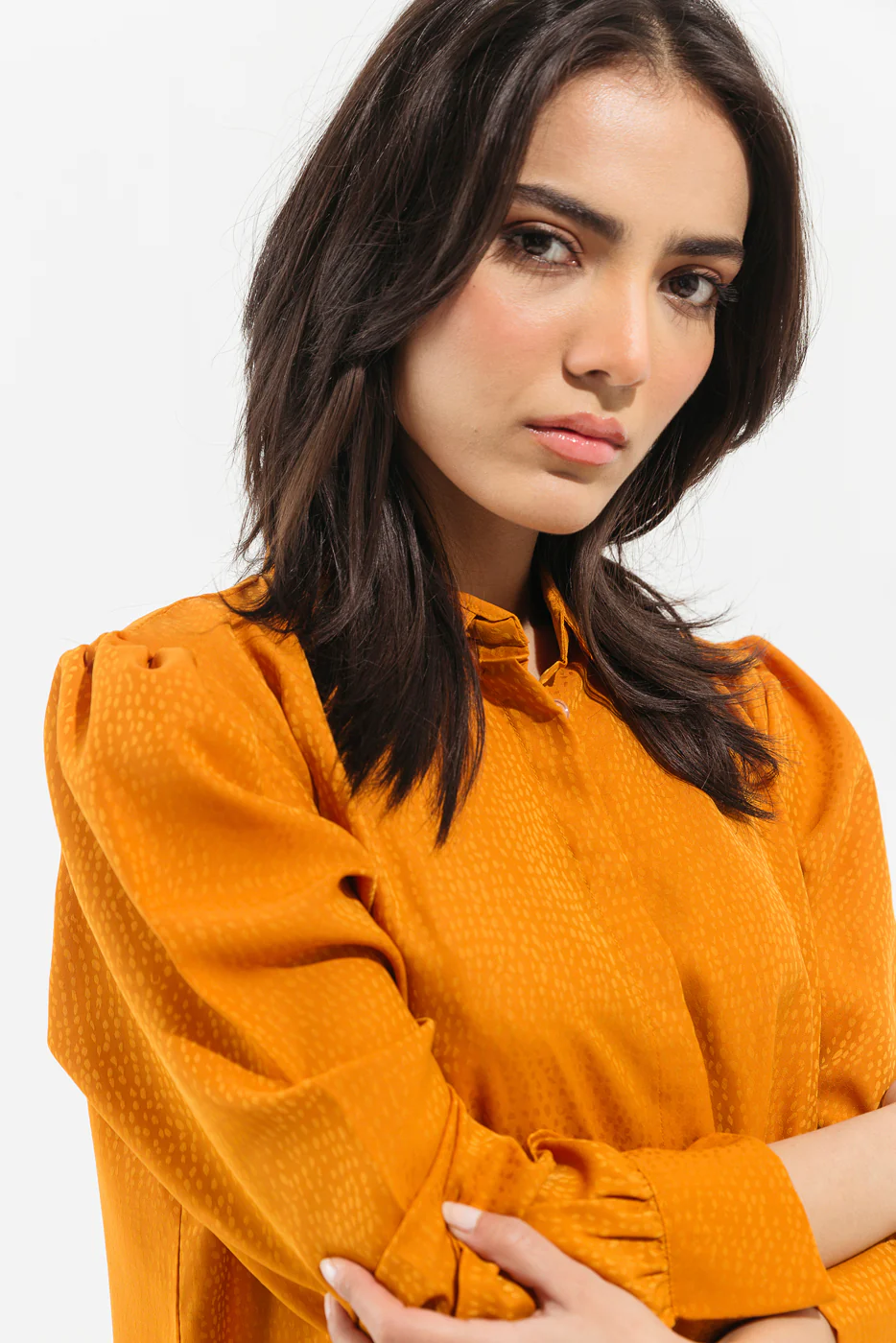 MUSTARD SATIN BUTTON DOWN TOP - Image 3