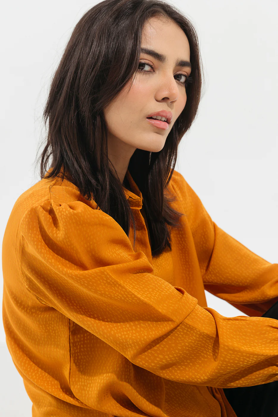 MUSTARD SATIN BUTTON DOWN TOP - Image 4