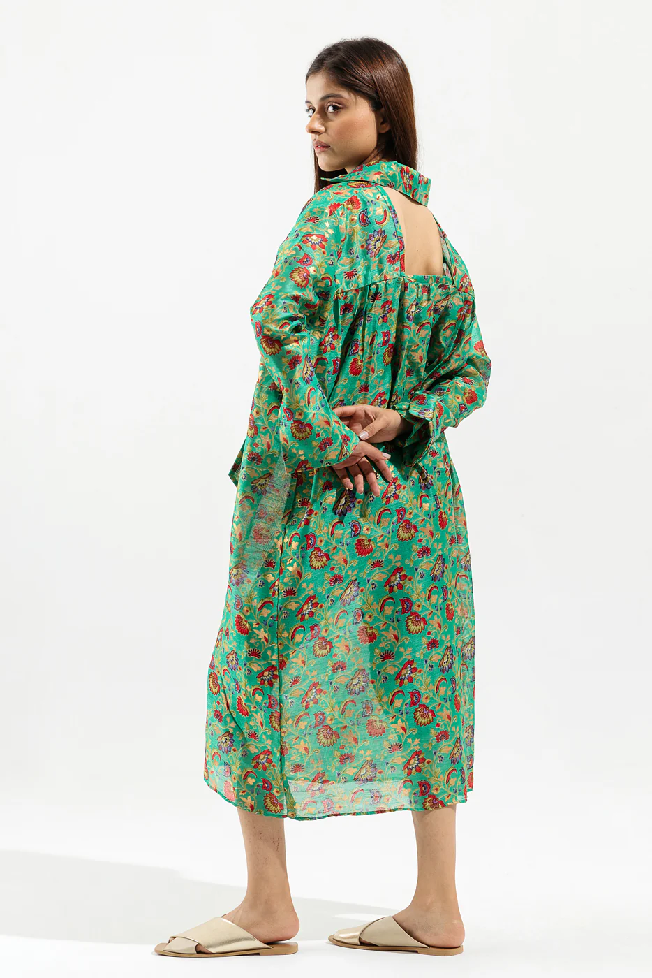 GREEN PRINTED KNOTTED LONG DRESS - Image 4