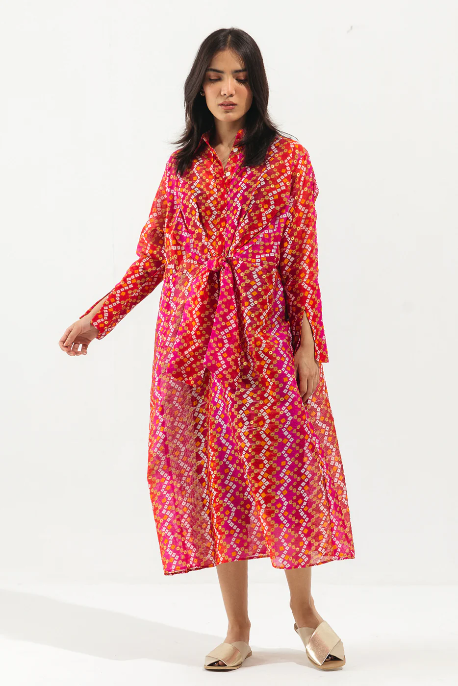 PINK CHUNRI PRINT KNOTTED LONG DRESS - Image 2