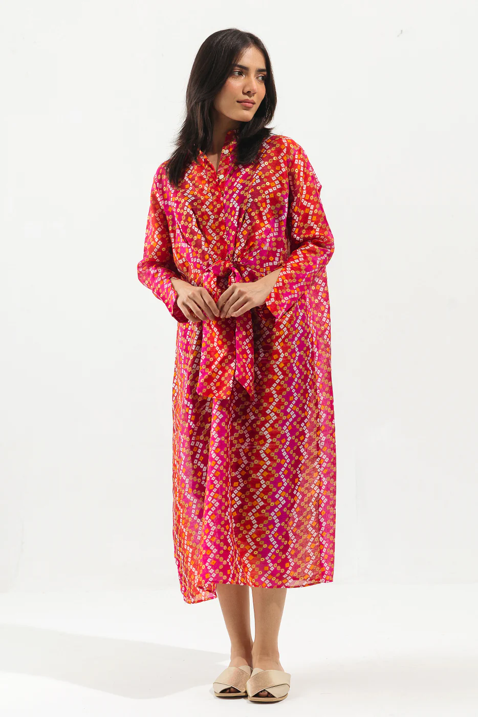 PINK CHUNRI PRINT KNOTTED LONG DRESS - Image 3