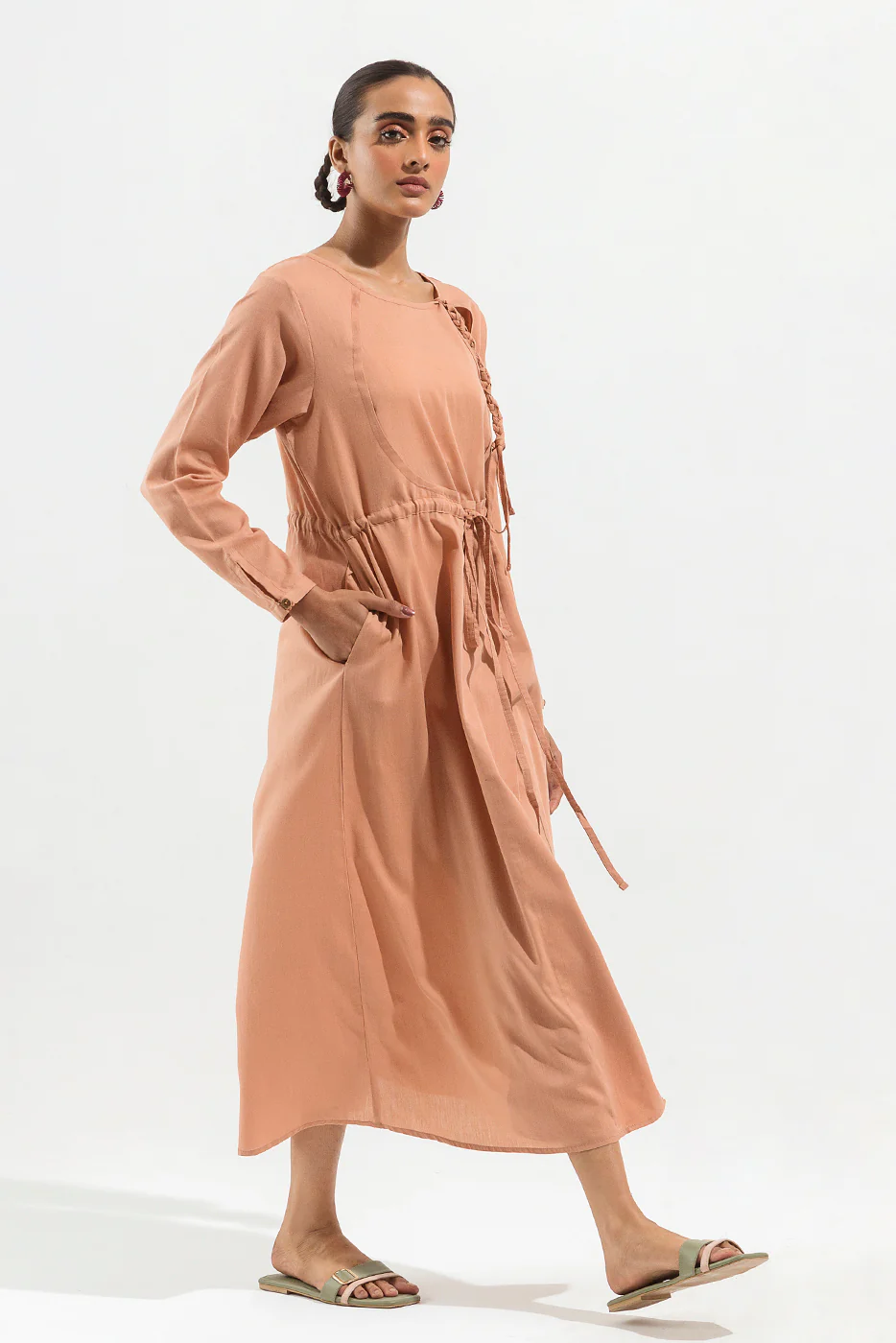 SAND BROWN OVERLAPPED LONG DRESS - Image 2