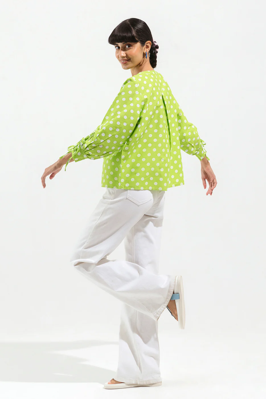LEAF GREEN POLKA DOT BUTTON-THROUGH SHIRT - Image 4