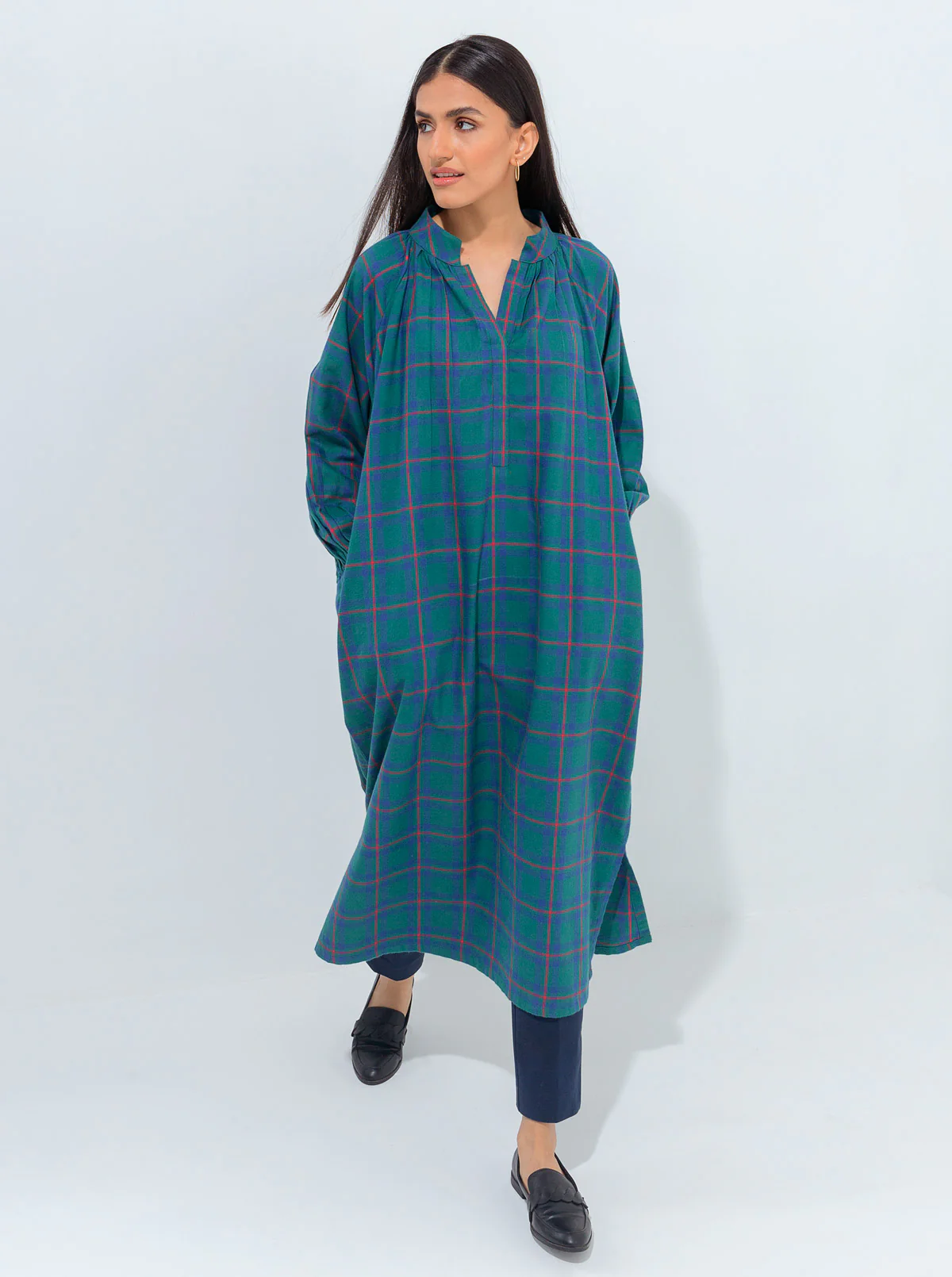 GREEN CHECK FLANNEL LONG DRESS - Image 2