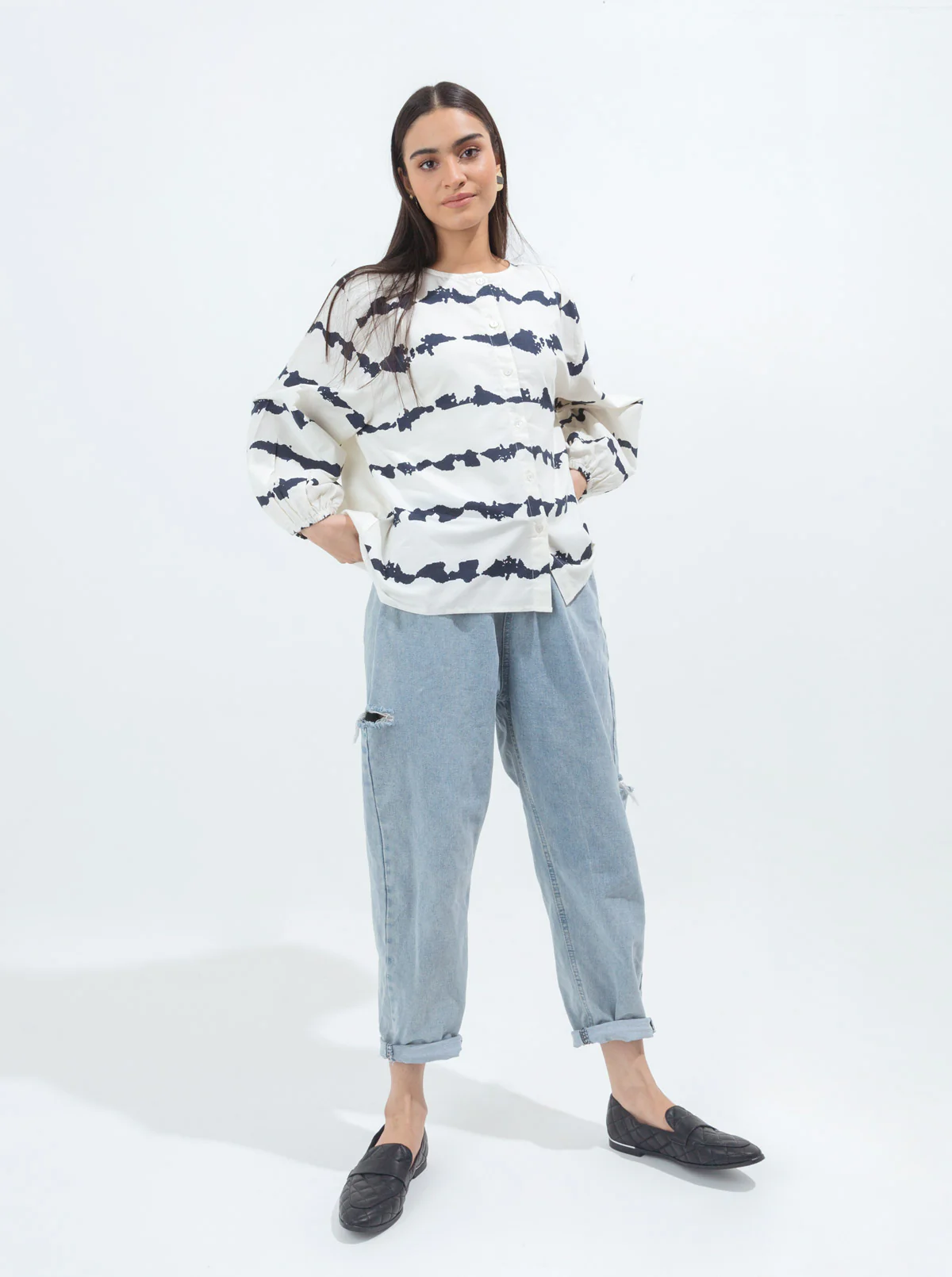 CREAM TIE & DYE BUTTONED TOP - Image 3