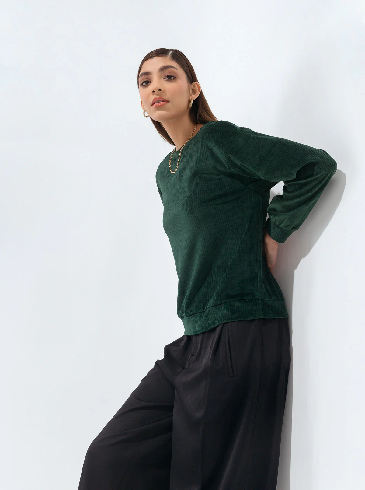 EMERALD GREEN STRETCH CORDUROY SWEATSHIRT - Image 3