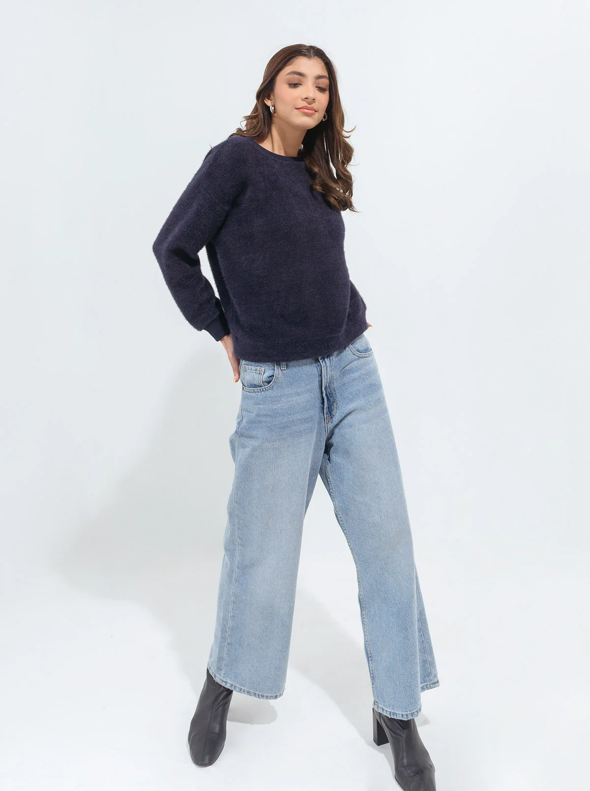 NAVY BLUE TEXTURED KNIT SWEATSHIRT - Image 3