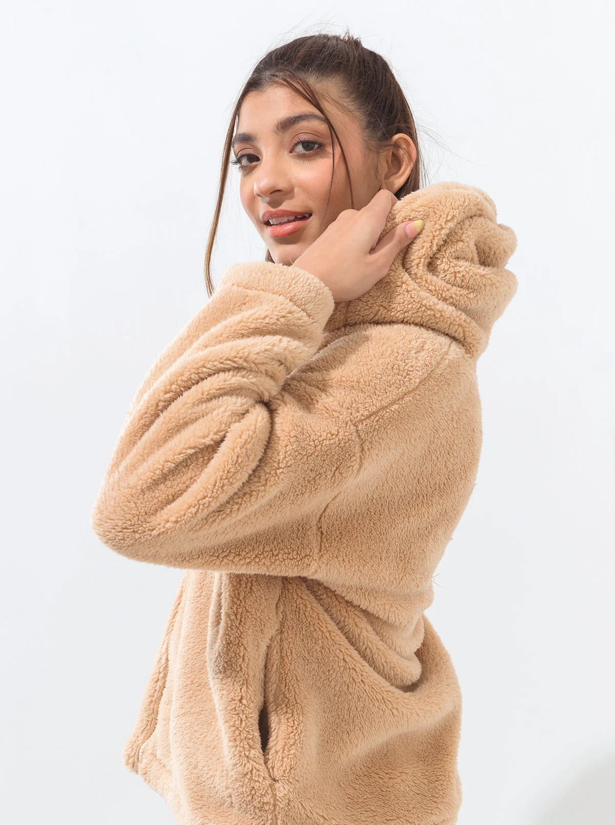 LIGHT BROWN SHERPA FLEECE HOODIE - Image 3