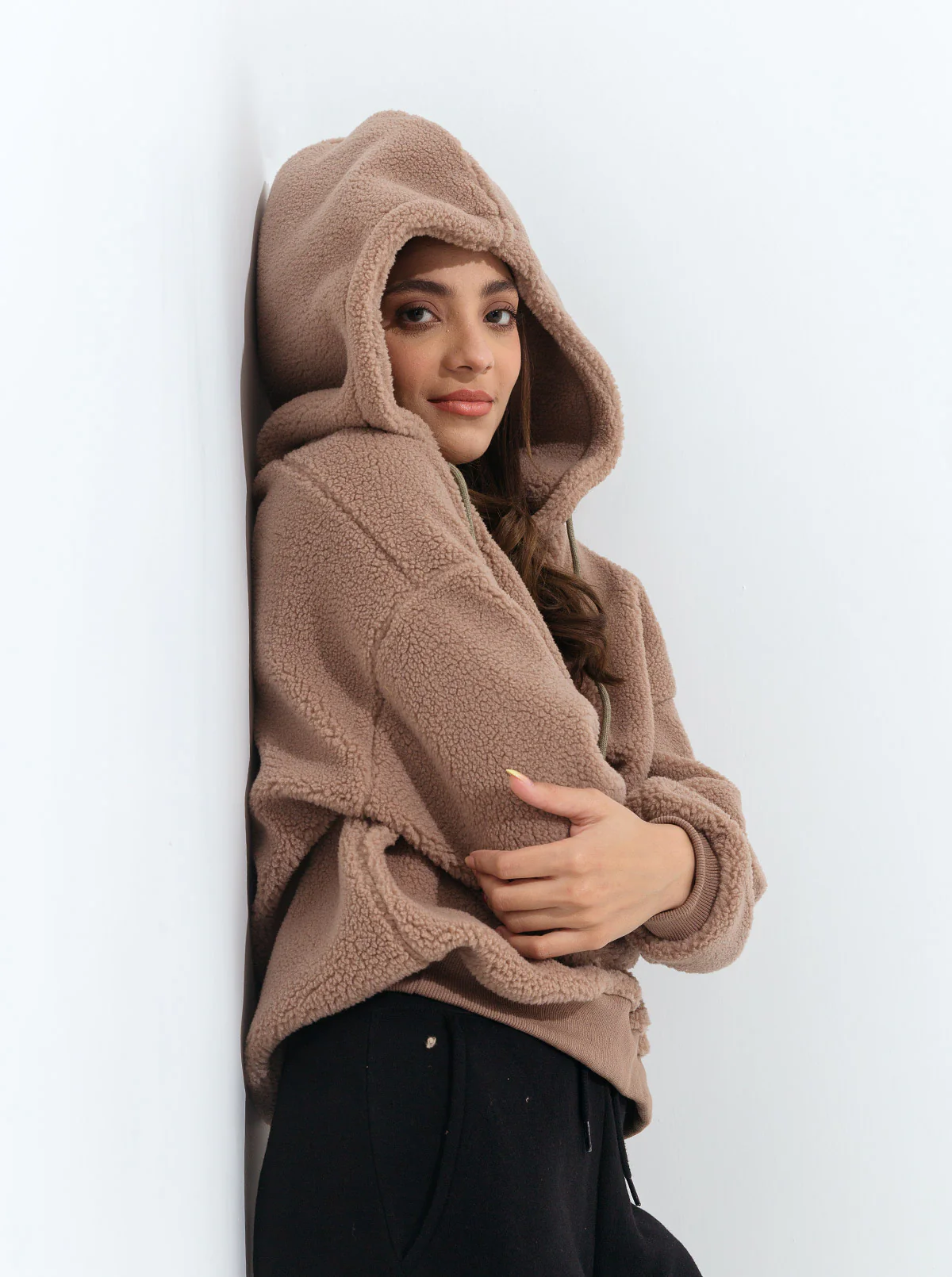 LIGHT BROWN HOODED TEDDY FLEECE SWEATSHIRT - Image 2