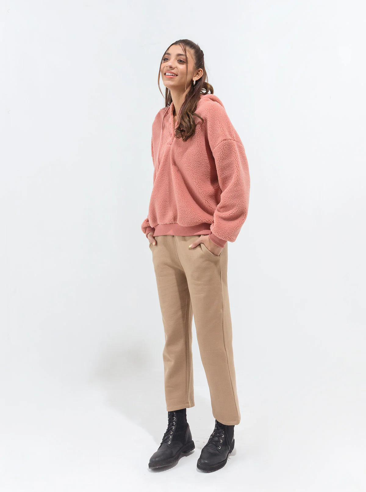 CORAL HOODED TEDDY FLEECE SWEATSHIRT - Image 3