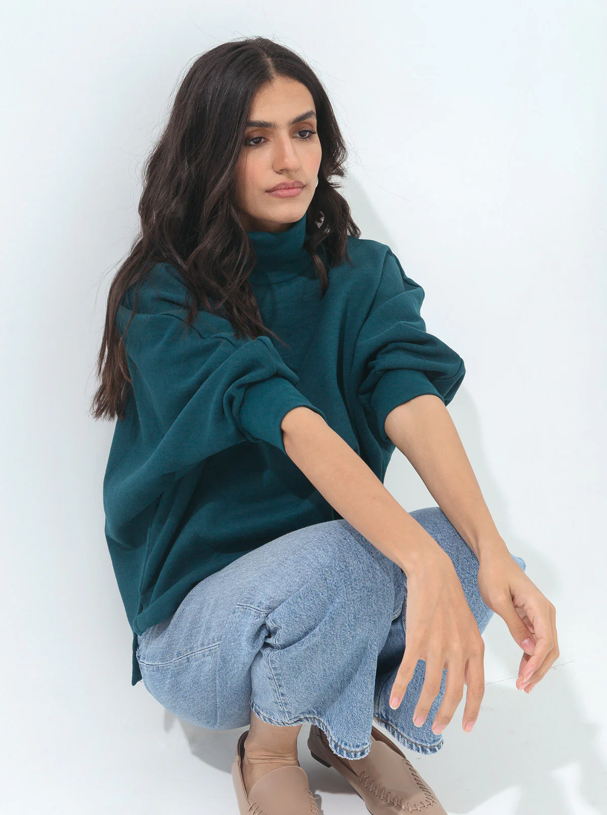 TEAL BATWING SLEEVED FLEECE SWEATSHIRT - Image 2