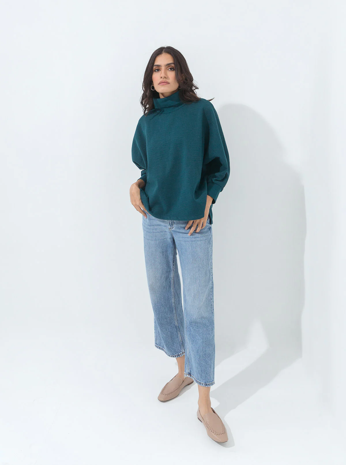 TEAL BATWING SLEEVED FLEECE SWEATSHIRT - Image 3
