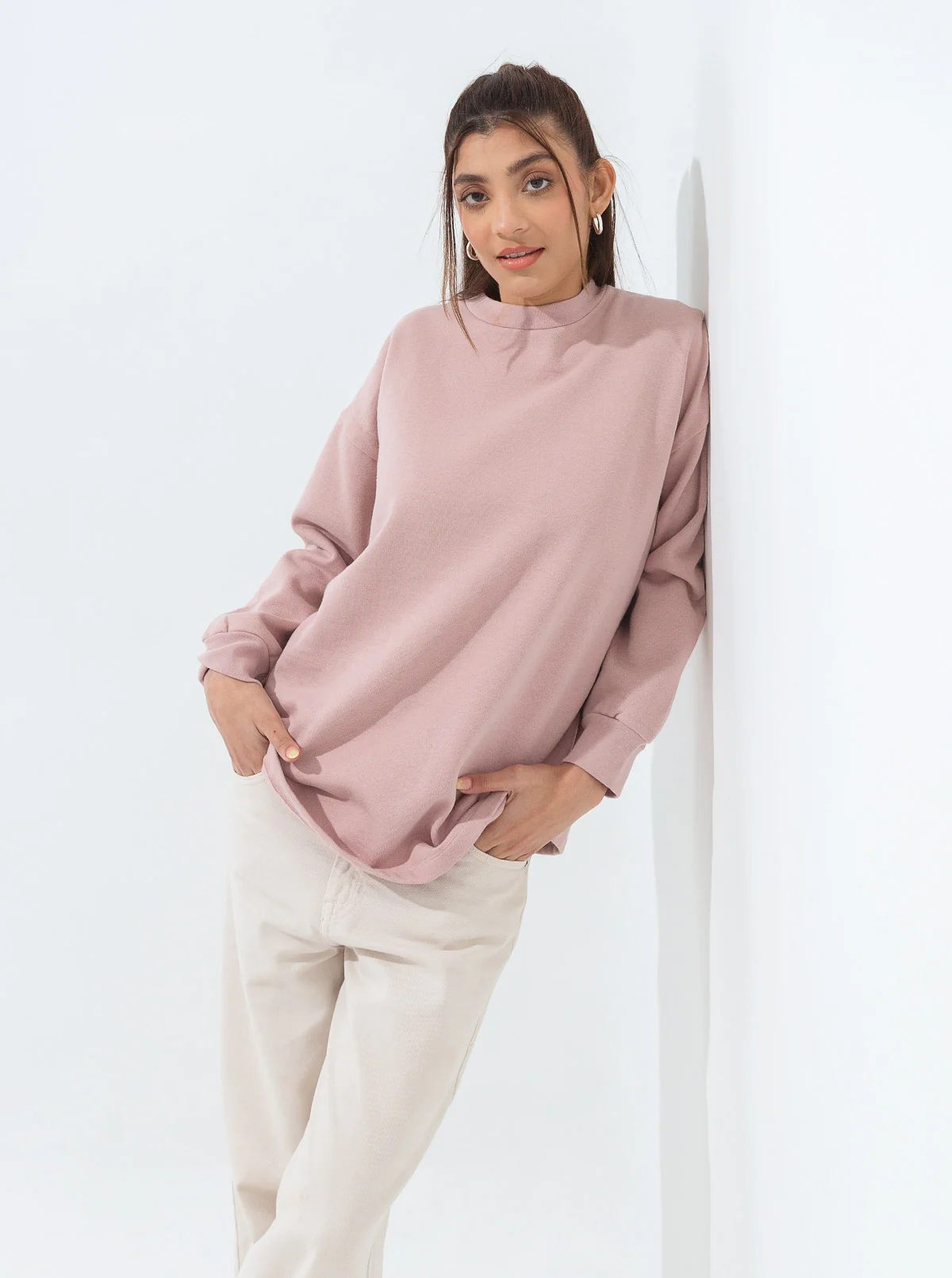 BLUSH PINK MOCK NECK FLEECE SWEATSHIRT - Image 3