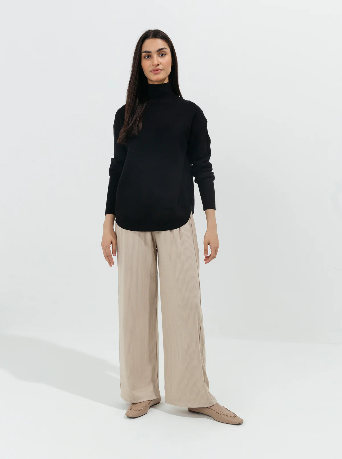 BEIGE RIB WIDE LEG PANTS - Image 2