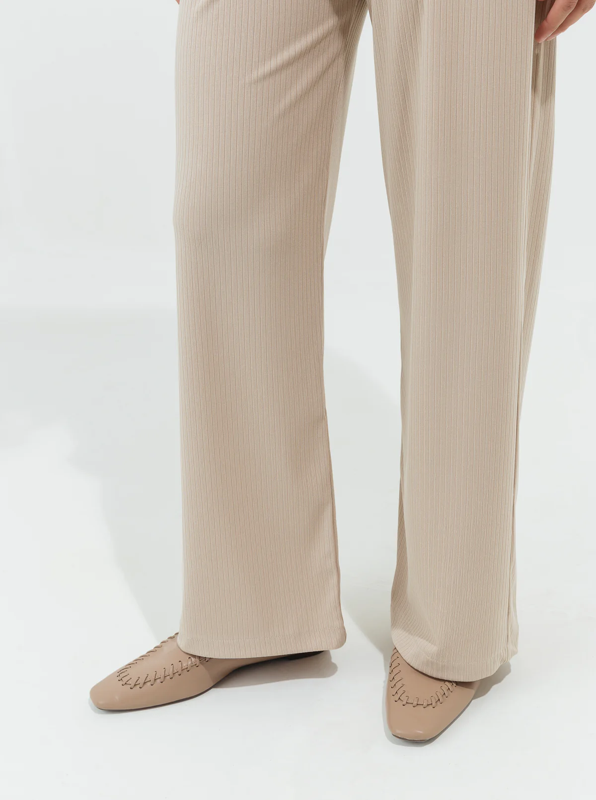 BEIGE RIB WIDE LEG PANTS - Image 3