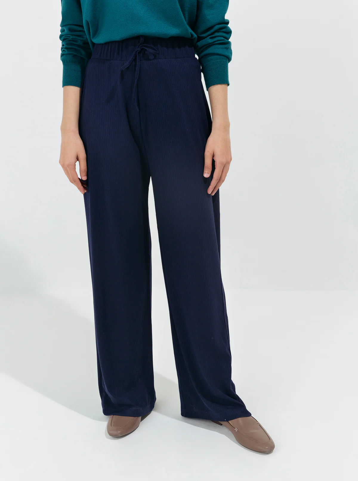 NAVY RIB WIDE LEG PANTS - Image 2