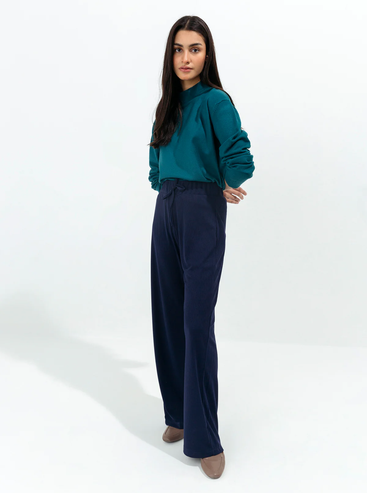 NAVY RIB WIDE LEG PANTS - Image 3