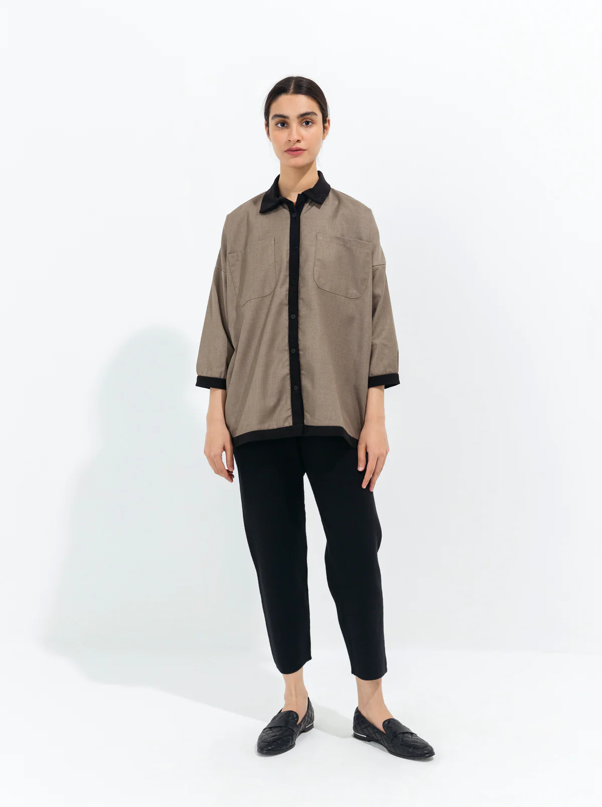 BLACK RIB BROWN COLLAR SHIRT - Image 3