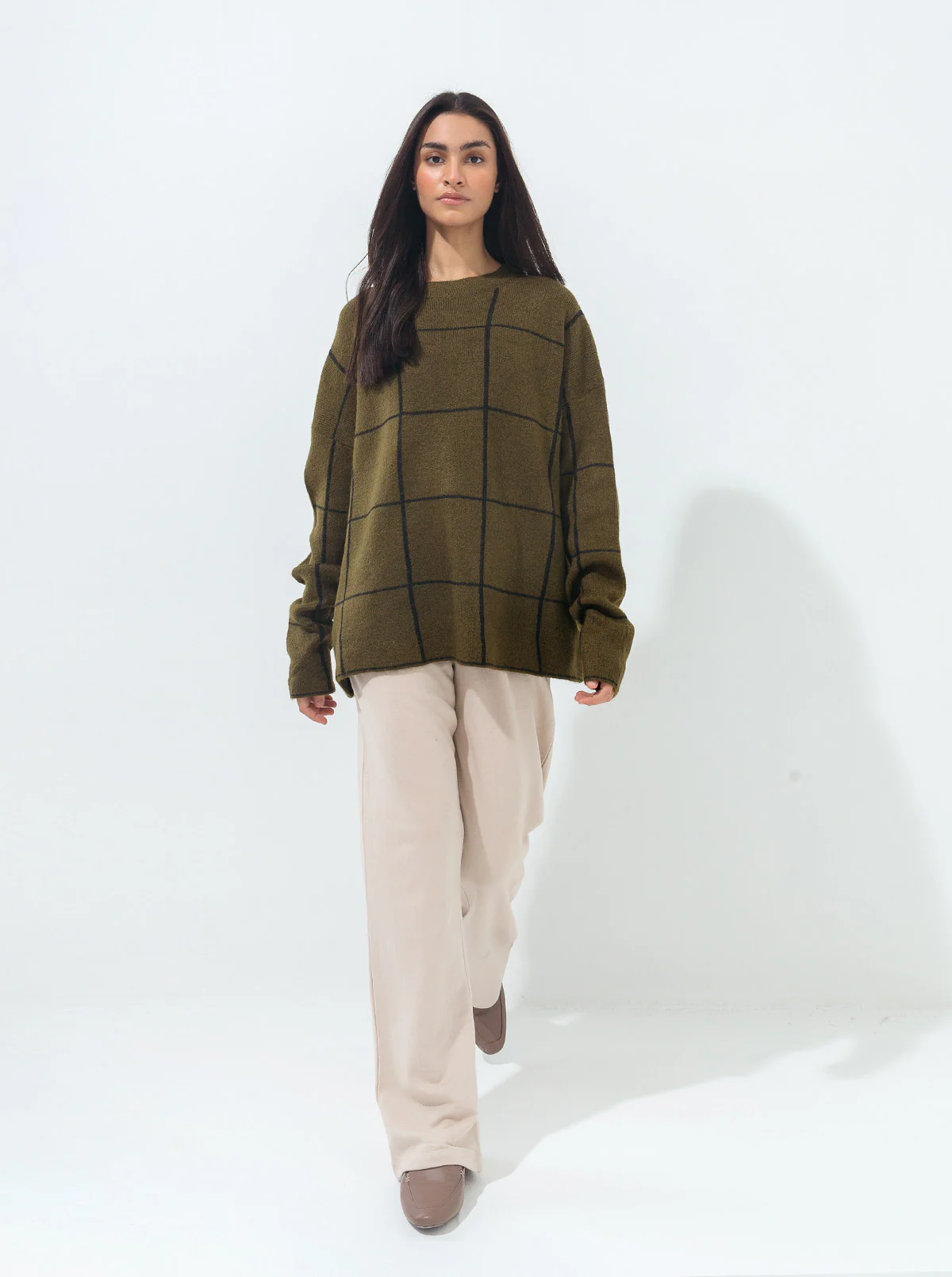 OLIVE GREEN CONTRAST GRID PULLOVER - Image 2