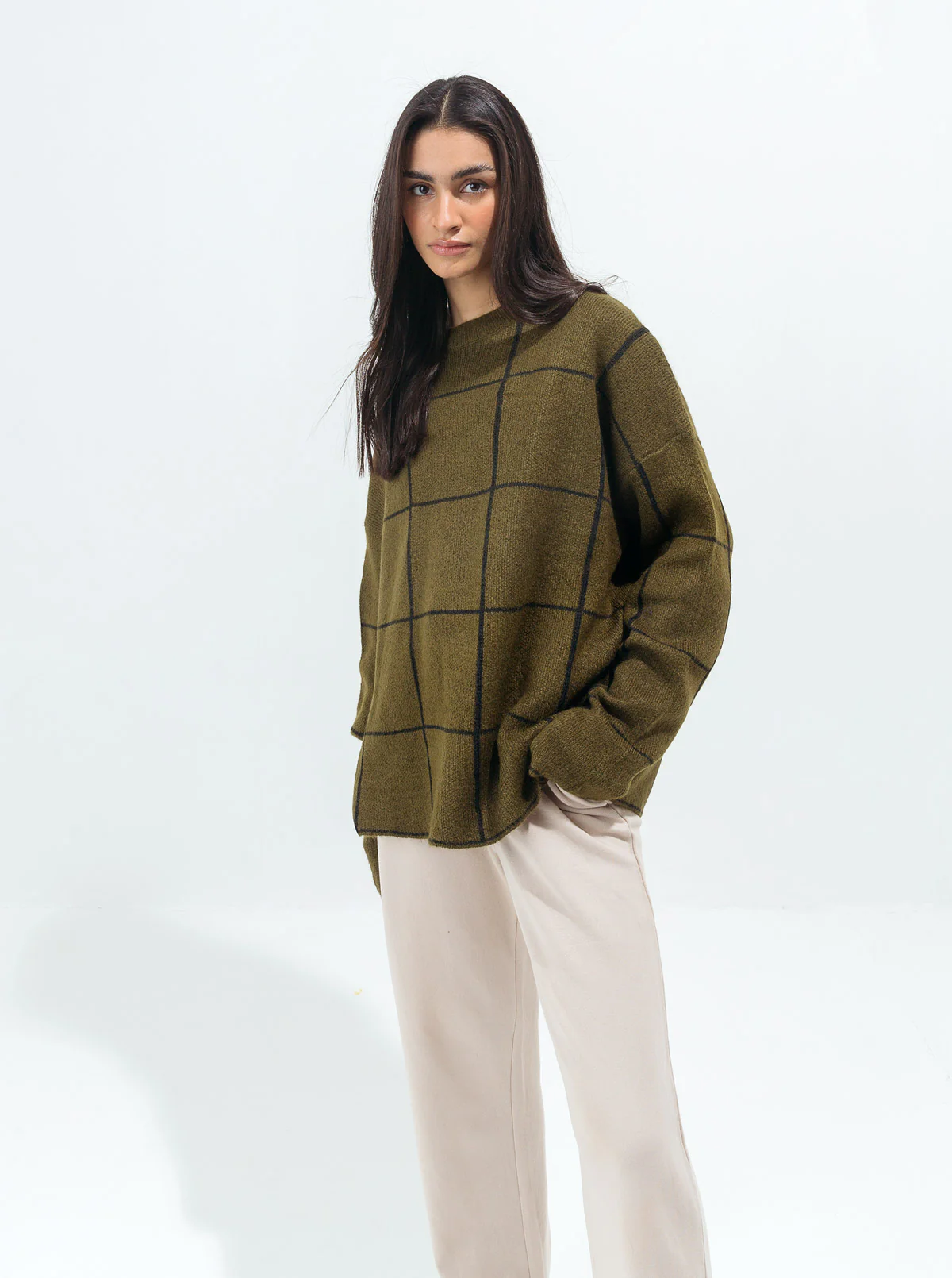 OLIVE GREEN CONTRAST GRID PULLOVER - Image 3