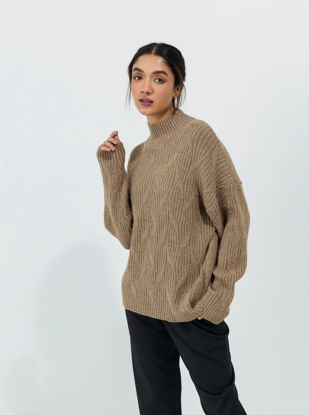 DULL OLIVE DOUBLE PATTERN KNIT PULLOVER - Image 3