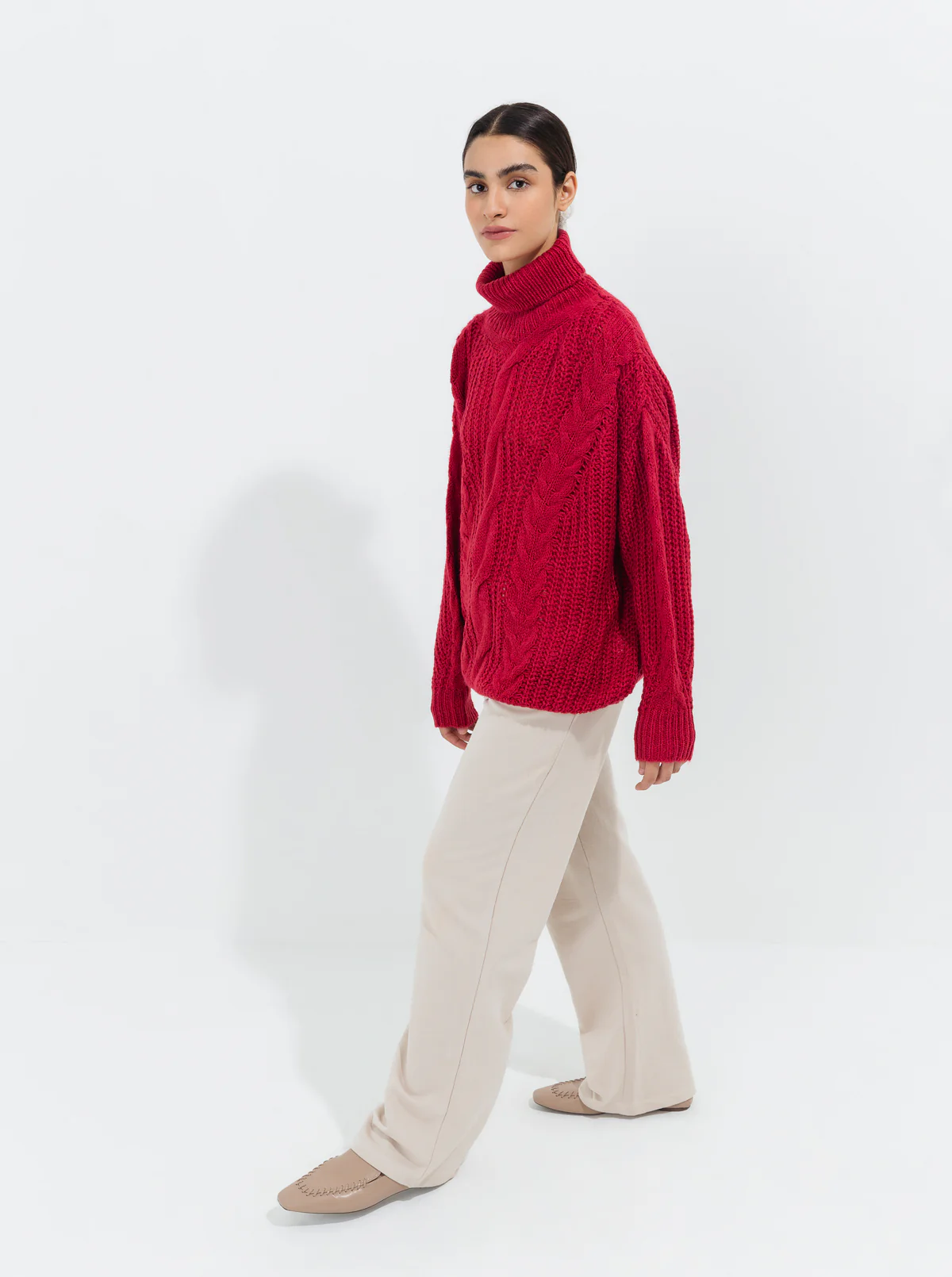 RED PURL CABLE KNIT PULLOVER - Image 2