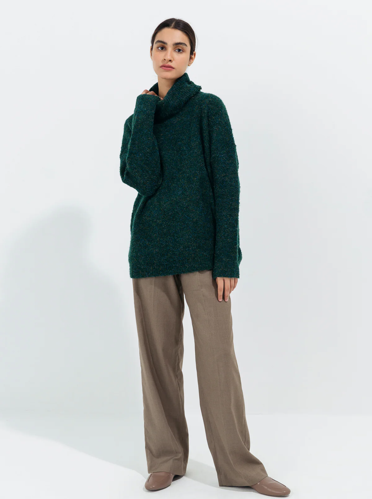 DARK GREEN FUZZY MELANGE KNIT PULLOVER - Image 2