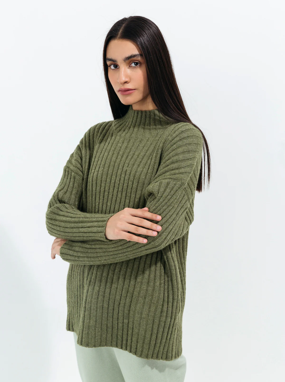 OLIVE DOUBLE KNIT PULLOVER SWEATER - Image 3