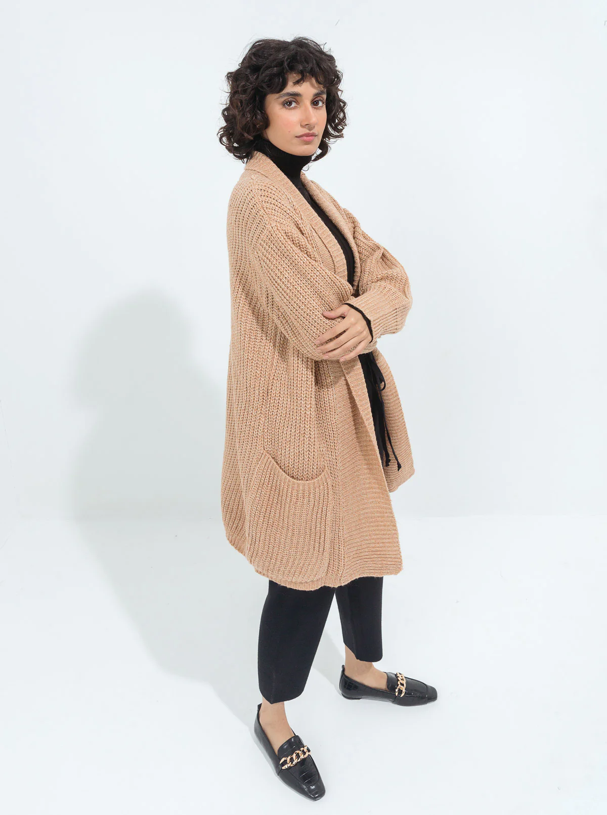 BEIGE LONG TEXTURED KNIT SHRUG - Image 2