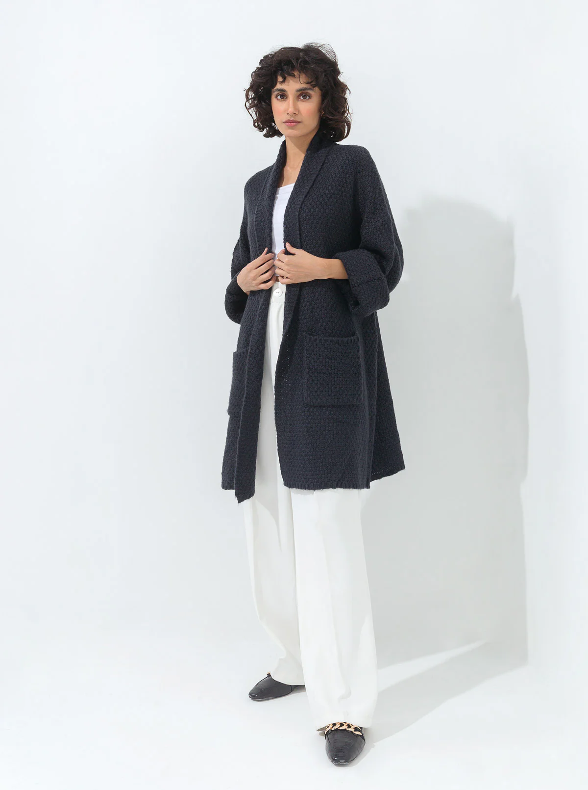 DARK BLUE LAPEL TEXTURED KNIT SHRUG - Image 2