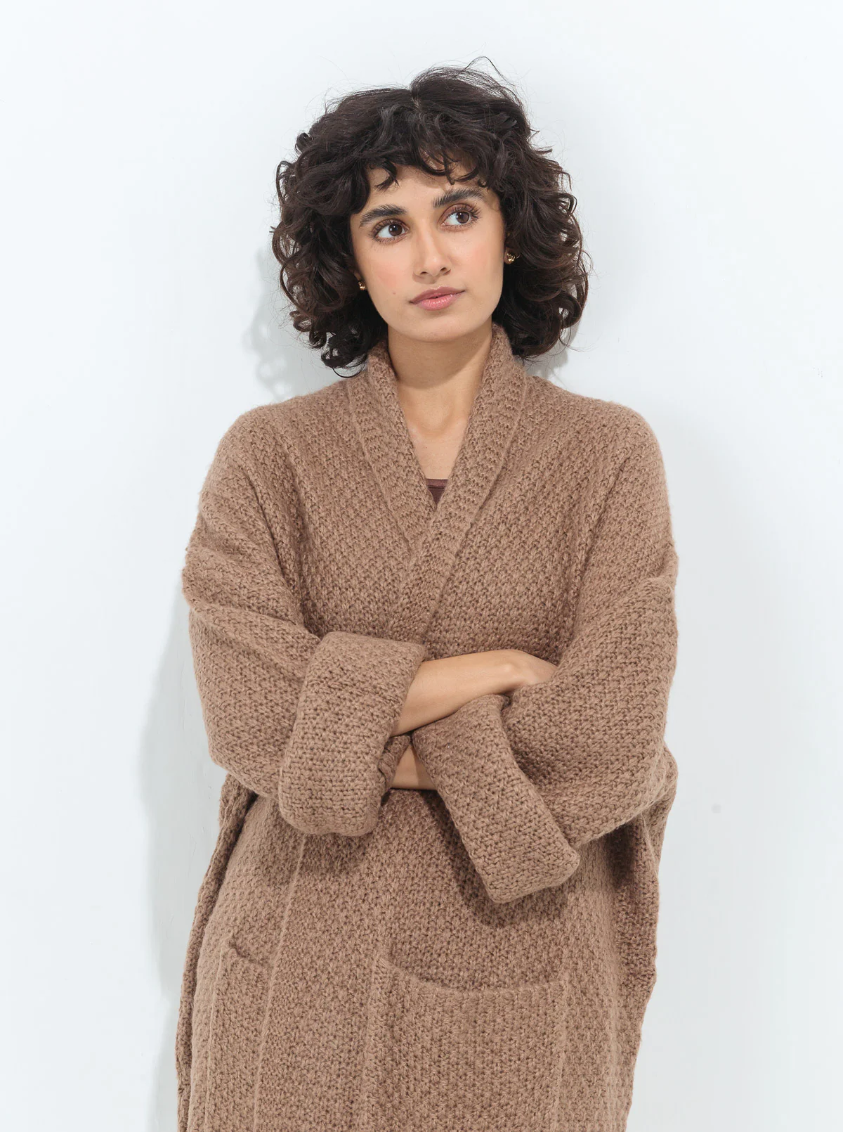DARK BEIGE  LAPEL TEXTURED KNIT SHRUG - Image 2