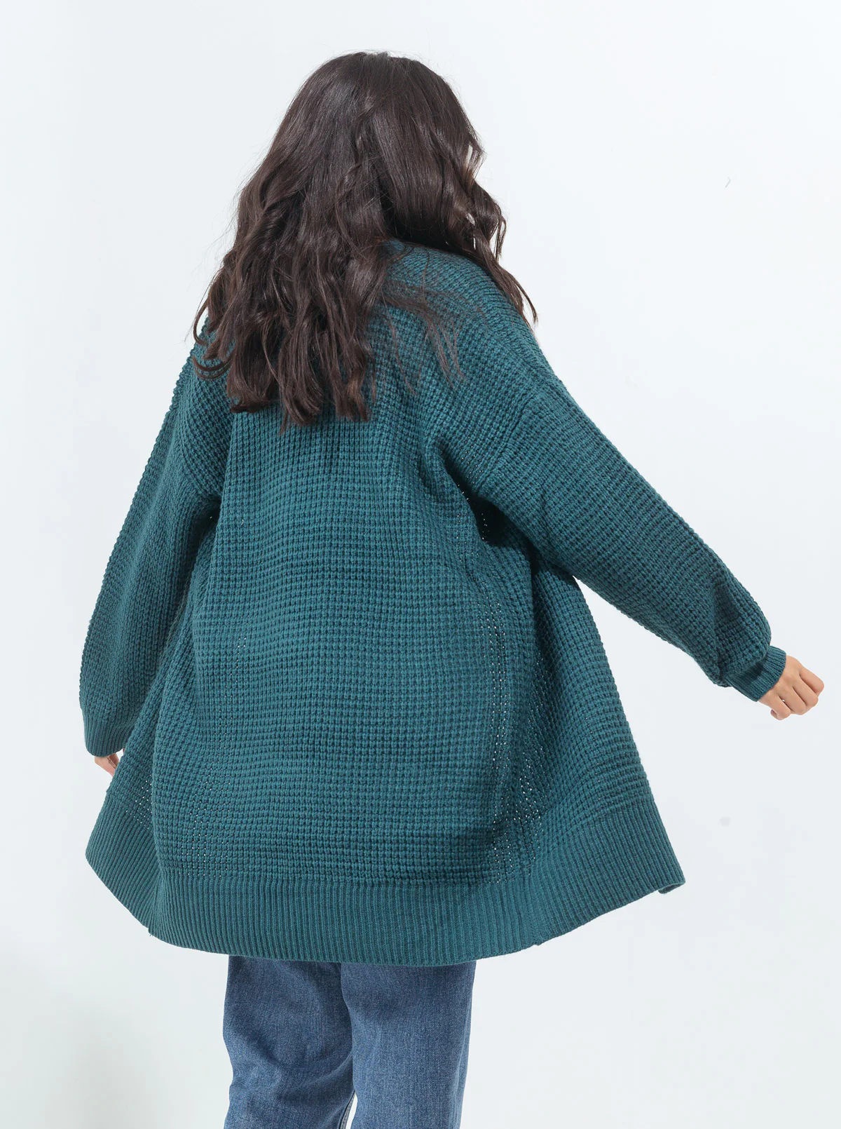 TEAL BLUE WAFFLE KNIT LONG SHRUG - Image 2