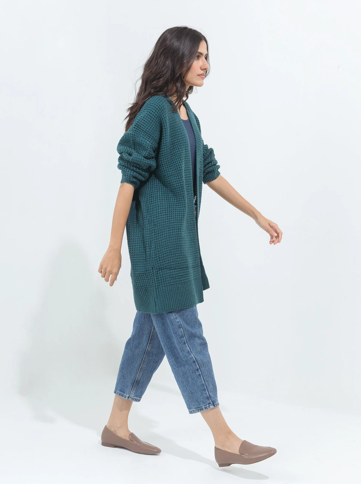 TEAL BLUE WAFFLE KNIT LONG SHRUG - Image 3