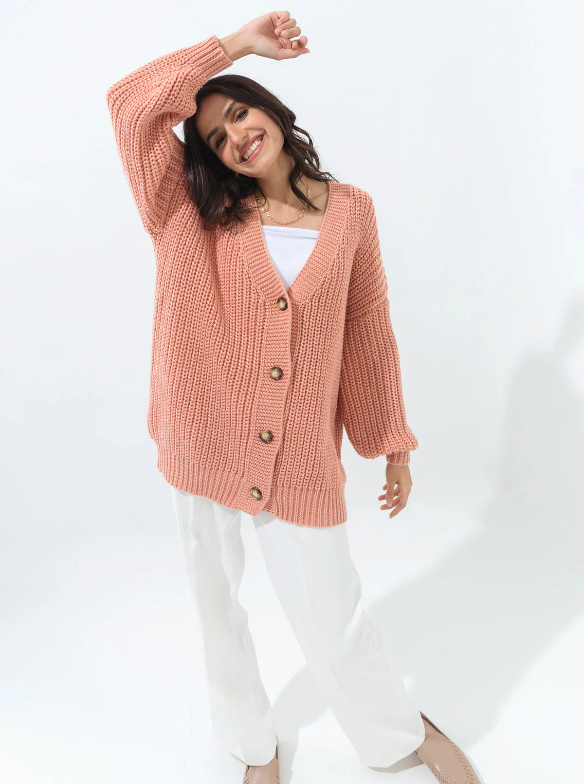 BLUSH PINK OVERSIZED V-NECK CARDIGAN - Image 3