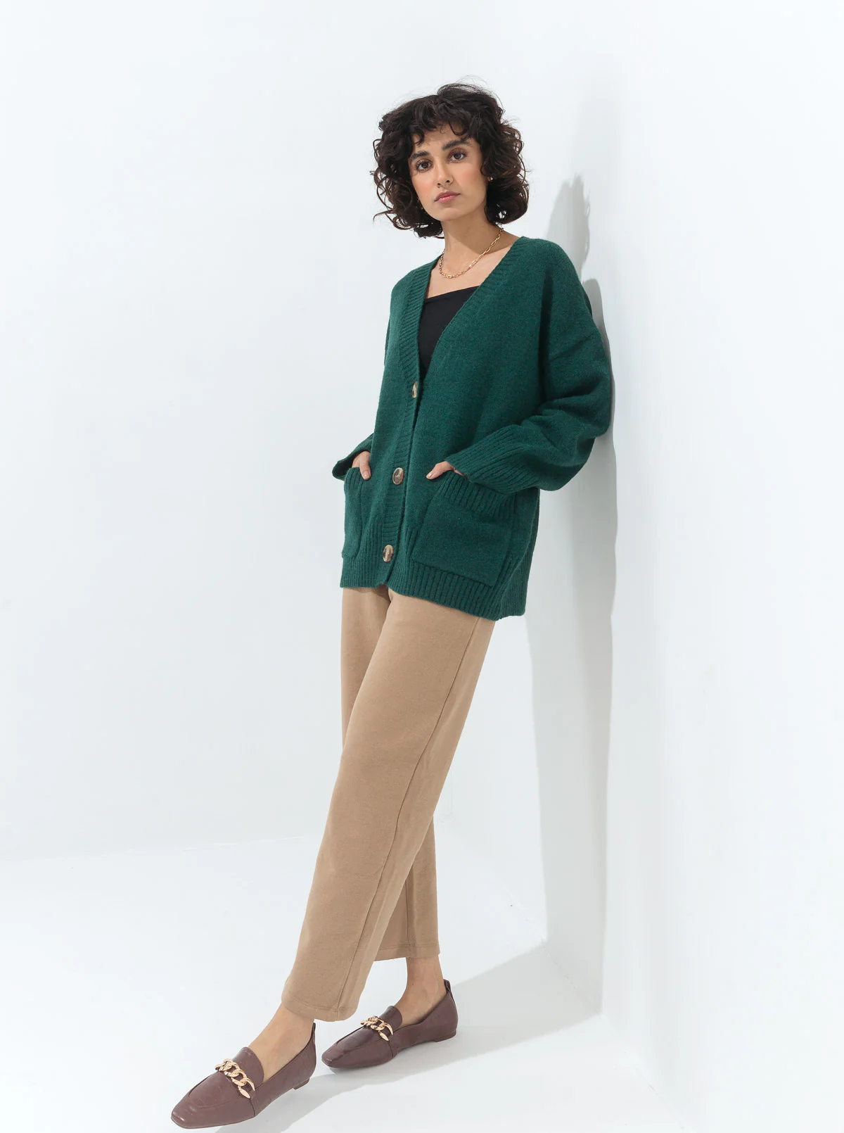 DARK GREEN OVERSIZED POCKET CARDIGAN - Image 2