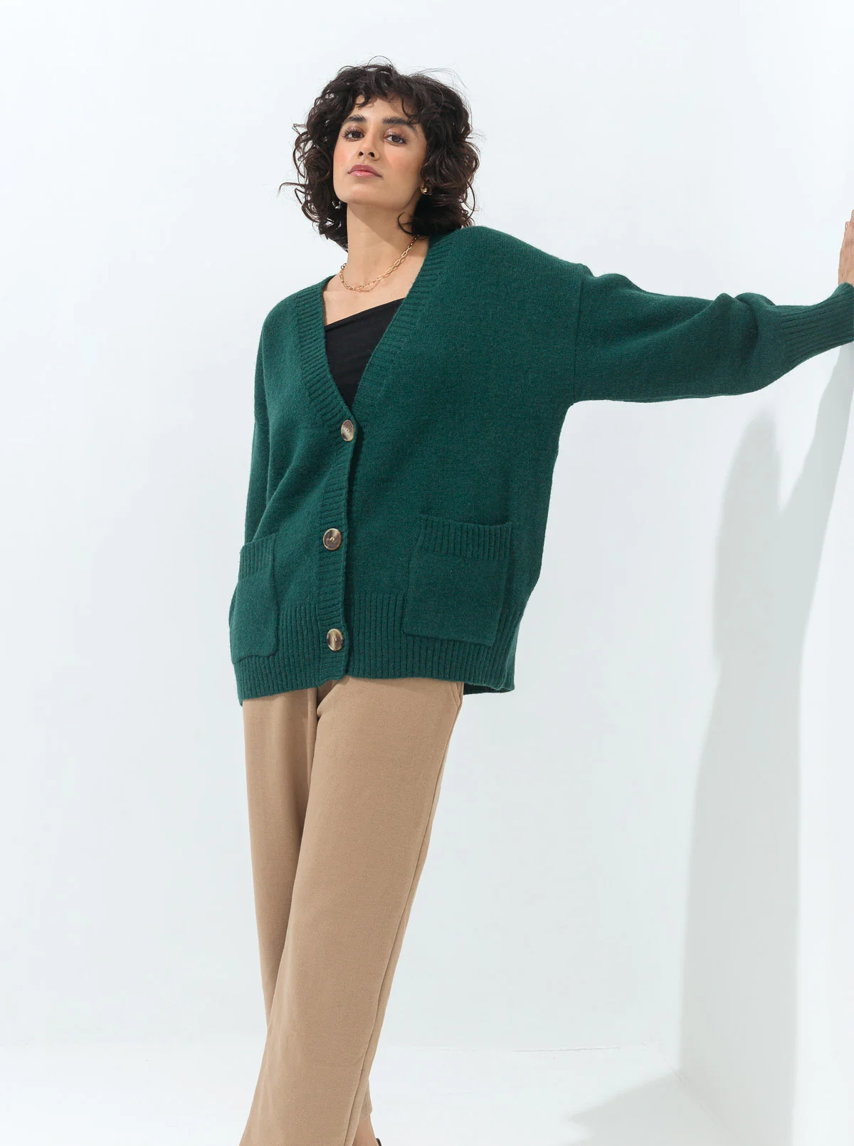 DARK GREEN OVERSIZED POCKET CARDIGAN - Image 3