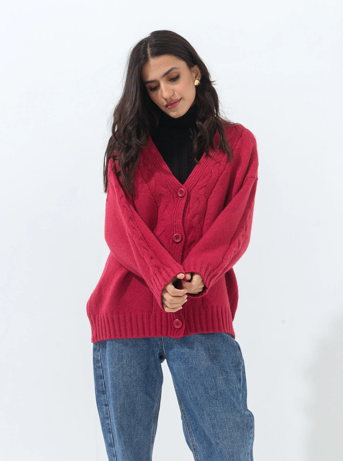 DULL RED OVERSIZED BRAID KNIT CARDIGAN - Image 2