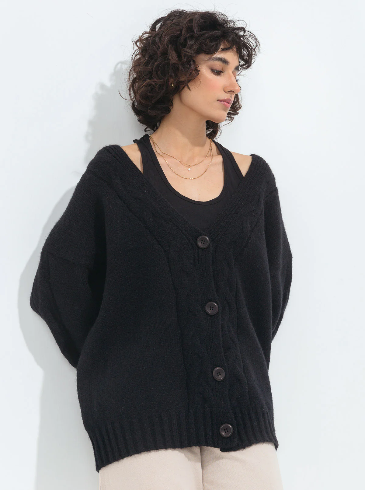 BLACK OVERSIZED BRAID KNIT CARDIGAN - Image 3