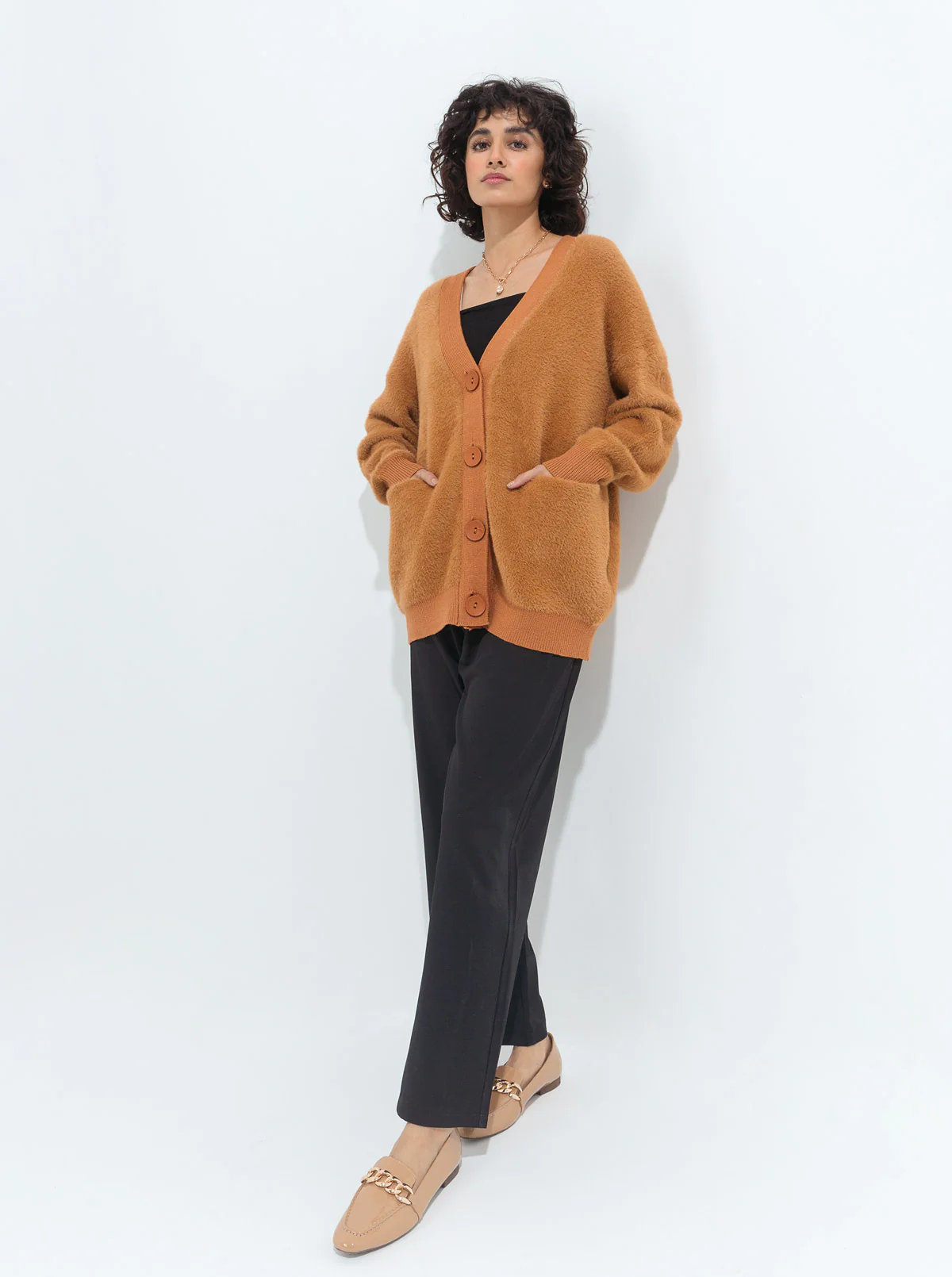 CAMEL BROWN OVERSIZED FUZZY CARDIGAN - Image 2