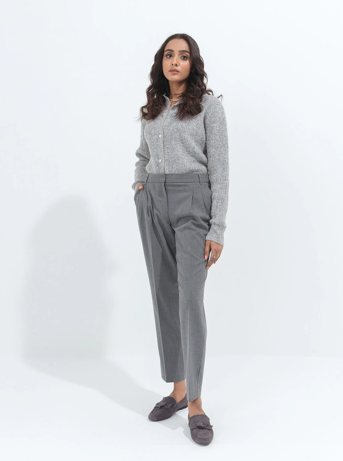 LIGHT HEATHER GRAY PEARL BUTTON CARDIGAN - Image 2