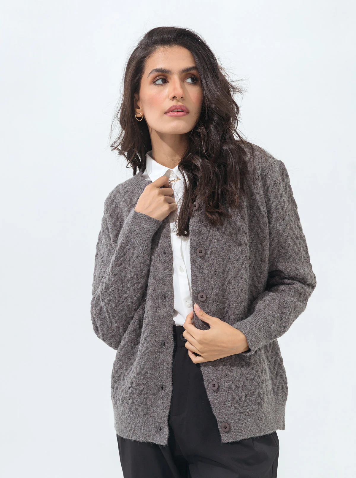 DARK GRAY ZIG ZAG KNIT CARDIGAN - Image 2
