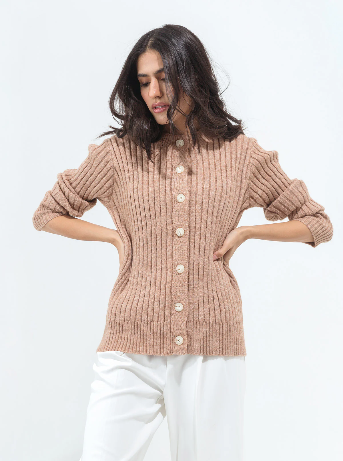 LIGHT BROWN HEATHER RIBBED CARDIGAN - Image 2