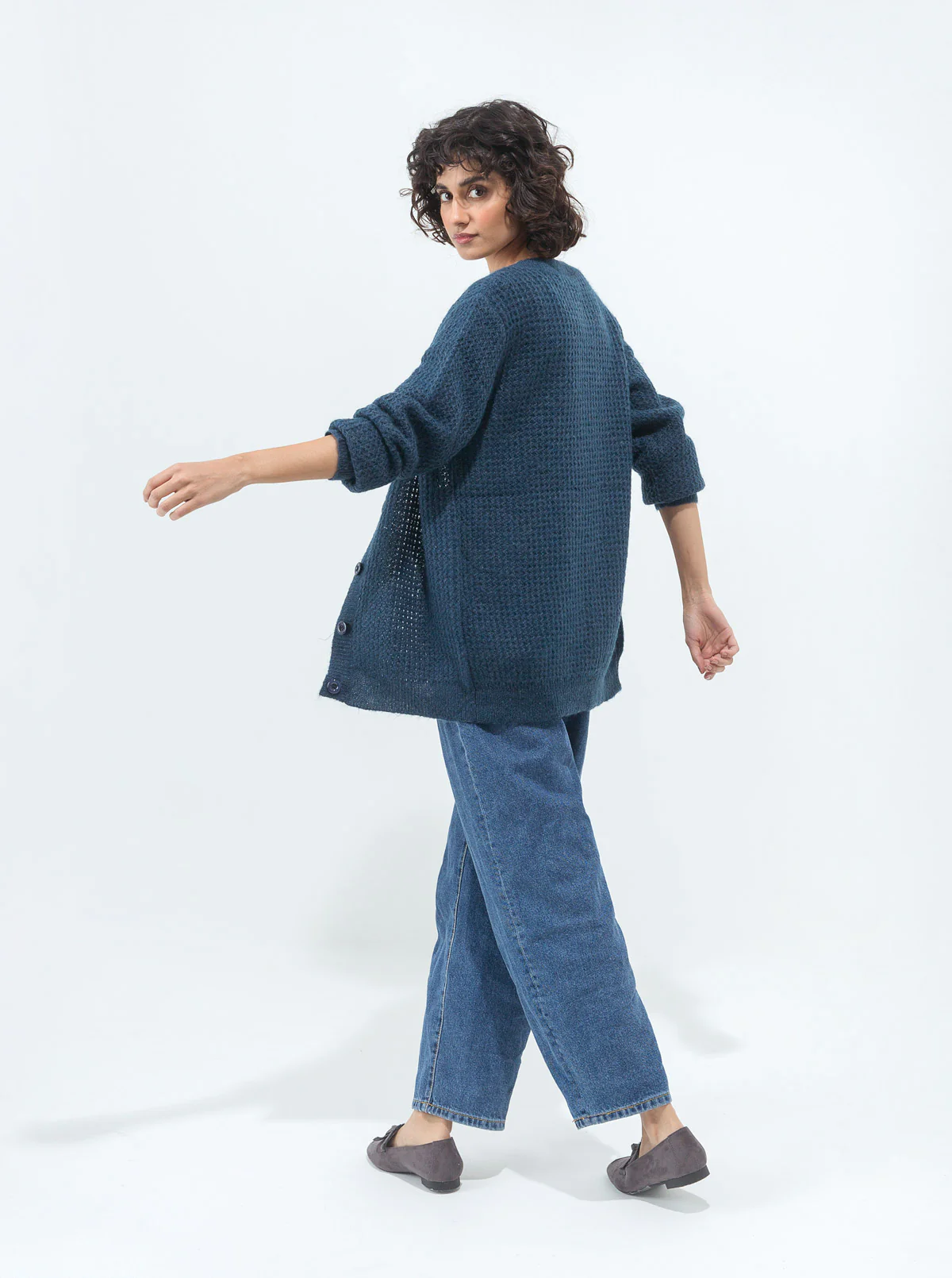 TEAL BLUE WAFFLE KNIT CARDIGAN - Image 3